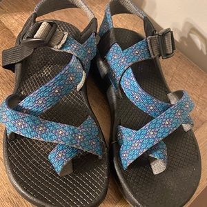 Blue patterned chaco sandals